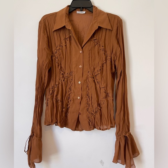 Brown pleated bell bottom button up blouse - Picture 1 of 5